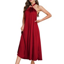 Women'S Sleeveless Halter Maxi Dress Summer Backless Tie- Nightgown Dress Casual Loose A- Wine Red L
