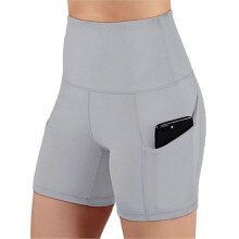 (M, Gray) Women's High Waisted Bike Shorts With 2 Side Pockets Workout Running Yoga Shorts For Yoga Exercise Fitness