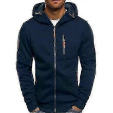 (XL,navy blue)Men Fall Winter Hoodie Loose Zip-up Long Sleeves Zipper Pockets Hooded Cardigan Thin Pure Color Daily