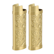 2Pcs Lighter Case Zinc Alloy Floral Gold 1.87oz