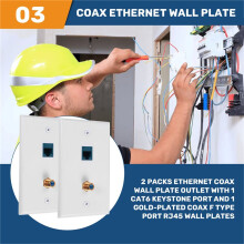 2 Confezioni di Presa per Piastra un Parete Coassiale Ethernet con 1 Porta  Cat6 e 1 Porta Tipo F Coassiale Placcata nel Oro RJ45 Piastre un