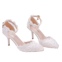 1Pair White Lace Wedding Shoes Pointy Toe High Heels Bride Footwear