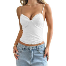 Women Y2k Spaghetti Strap Camisole Crop Top V Neeck Slim Fitted Vest Going Out Tank Tops White L