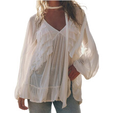 Women Boho Flowy Sheer Blouse Y2k Lace Trim Ruffled Long Sleeve Shirts Front Tie Oversized Tops Apricot Color L