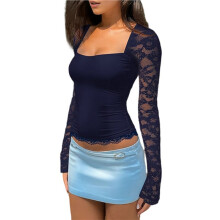 Womens Lace Square Neck Long Sleeve Crop Top Y2K Style Sheer Hollow Out Spliced Blouse Fashion Top Dark S