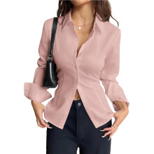 Women Button Shirt Long Sleeve Shirt V Neck Collared Blouse Aesthetic Work Tops XS