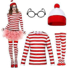 (XL,Women)Adults Wally Costume Set, Red & White Stripe T-Shirt, Hat, Glasses, Socks Outfit Set World Book Day Halloween Fancy Dress for Men Women