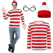 (XXL,Men)Adults Wally Costume Set, Red & White Stripe T-Shirt, Hat, Glasses, Socks Outfit Set World Book Day Halloween Fancy Dress for Men Women