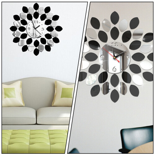 1Pc Lemon 3D Wall Clock Silver Plastic Mirror Sticker Mute Home Decor 2