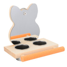 1Set Natural Wood Bird Stand Perch with Mirror and Dual Feeding Bowls
