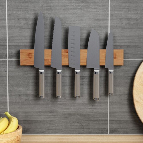 1Pc Bamboo Magnetic Cutter Rack Khaki Kitchen Storage Organizer 2
