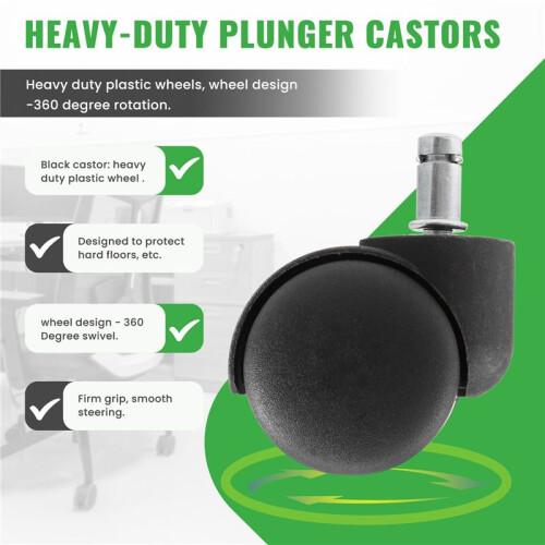 50mm Office Chair Roller Castor Wheels - Set of 5 - Black 2