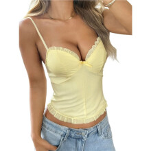 Women Y2k Spaghetti Strap Camisole Crop Top V Neeck Slim Fitted Vest Going Out Tank Tops Yellow S
