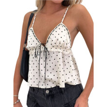 Women Polka Dot Camis Top Y2k Lace Trim Ruffled Hem Top Adjustable Spaghetti Strap Tie Camisole White S