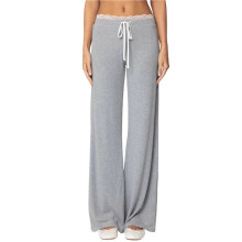 Dampyjamasbyxor med Hög Midja, Spets, Vida Ben, Fickor, Dragsko, Mjuka Loungebyxor Grå M