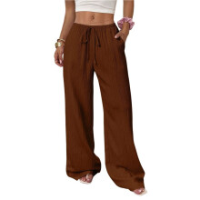 Women'S Palazzo Pants Summer High Waisted Wide Leg Drawstring Flowy Beach Trousers with Pockets Brown L