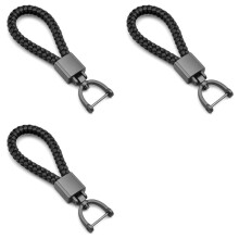 3X Llavero de Metal Tejido A Mano con Cuerda de Cuero, Colgante de Metal para Coche, Color Negro