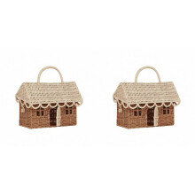 2X Rattan House Shaped Basket, Decorative Hand Woven Shelf Organizer with Folding Handle,Harvest Wicker Basket