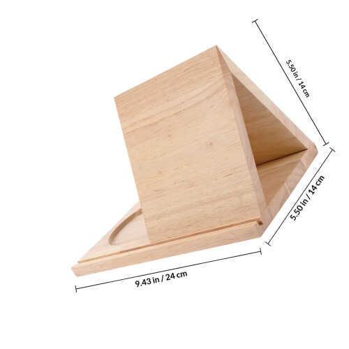 hölzernes dreieckiges bücherregal mit becherhalter, buchhalter 1