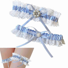 Blue Lace Garter Belt Set, Wedding Garter Stretchable Lace Leg Rings Pearl Bow Leg Harness Elasticated Garter, Bridal