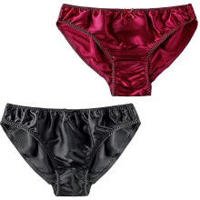 (L, Dark red-Black) Women's Mulberry Silk Panties Silk Sexy Bikini Silk Briefs Satin Underwear 2pcs - DD