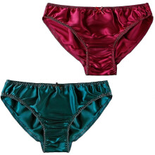 (M, Dark red-Green) Women's Mulberry Silk Panties Silk Sexy Bikini Silk Briefs Satin Underwear 2pcs - DD