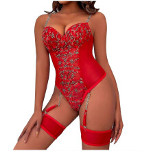 (M, Red) Women Sexy Lingerie Lace Teddy Features Plunging Eyelash And Snaps Crotch - DD