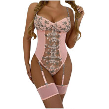 (L, Pink) Women Sexy Lingerie Lace Teddy Features Plunging Eyelash And Snaps Crotch - DD