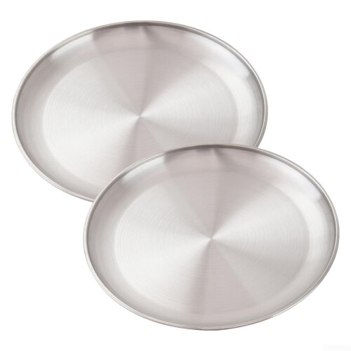 Stainless Steel Camping Plates Set 2 Pack 30x1.6cm Durable Stackable Lightweight Outdoor Tableware