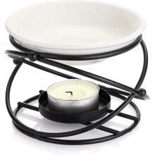 (Black) Metal Essential Oil Burner Wax Melt Burner With Ceramic Bowl, Home Decorative Tea Light Candle Holder Aroma Diffuser, Round Shape - PR
