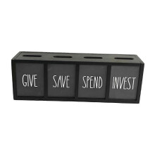 (Black) Wooden Piggy Bank Money Saving Box Rustic for Bills with 4 Compartments Change
