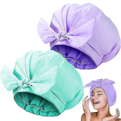 2 Pieces Shower Caps Adjustable Bow-knot (cyan, Purple) - DD