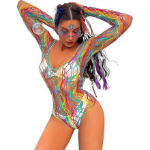 (XXL)Women Sexy Rainbow Fishnet Chemise Mesh Mini Dress Lingerie Babydoll Bodysuit See S-3xl - PJ