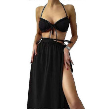 (L)Women's Wrap Triangle Bikini Bathing Suits With Mesh Beach Skirt 3 Piece Swimsuits - Ri