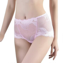 (XL, Pink) Sexy Women Underwear Panties Lace Mid-waist Briefs Female Translucent Elastic Underpant Floral Mesh Lingerie Cotton Crotch - RiRi