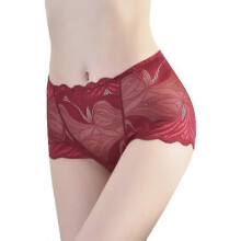 (M, Dark Red) Sexy Women Underwear Panties Lace Mid-waist Briefs Female Translucent Elastic Underpant Floral Mesh Lingerie Cotton Crotch - RiRi