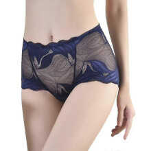 (M, Blue) Sexy Women Underwear Panties Lace Mid-waist Briefs Female Translucent Elastic Underpant Floral Mesh Lingerie Cotton Crotch - RiRi