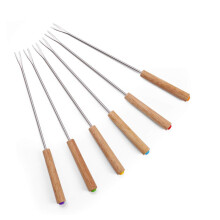 6pcs Stainless Steel Barbecue Grill Skewers with Wooden Handle Forks for Sausages and Vegetables Camping Set