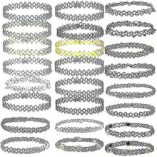 (24 Pcs) Choker Necklace, Henna Necklace, Choker Gothic Tattoo Chain Pendant, Girl Choker Elastic Necklace Set - Ri
