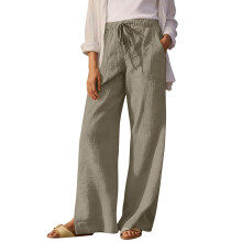 Women HighWide Leg Pants Drawstring Side Slit Trousers-White S