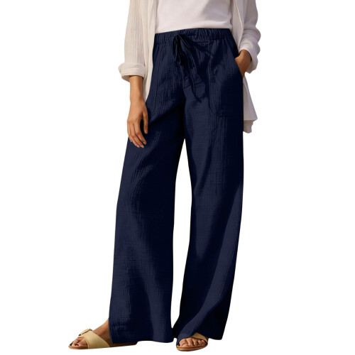 Women HighWide Leg Pants Drawstring Side Slit-Navy Blue M