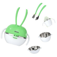 5 in 1 Kids Dinnerware Set Cup, Spoon, Fork, 2x Bowls Portable Kids Tableware Set for Toddlers, Kids and Babies(rabbitgreen