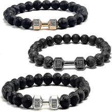 3pcs Traintough Dumbbell Bracelet, High Quality Men Beaded Bracelet Volcanic Lava Stone Dumbbell Bracelet Gifts for Men - Ri