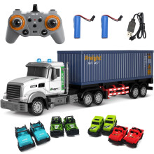 RC Semi Truck with Trailer 1:24 Scale, 9Channel Remote Control Truck Toy with LED Lights, Dual Batteries, 8 Mini Cars
