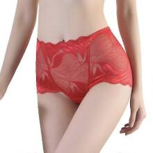 (L, Red) Sexy Women Underwear Panties Lace Mid-waist Briefs Female Translucent Elastic Underpant Floral Mesh Lingerie Cotton Crotch - RiRi