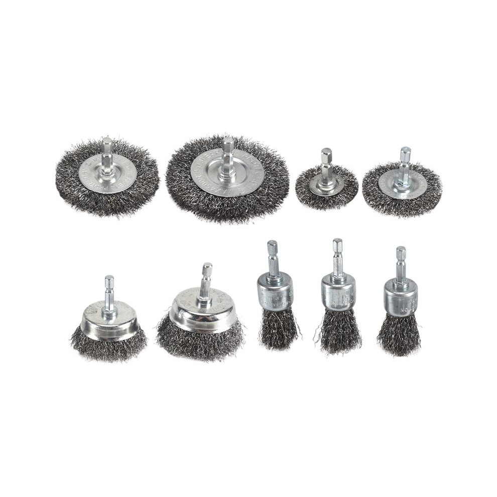 9Pc Coarse Crimped Wire Wheel Cup Pen Brush Set For Drill,Carbon Steel Wire Brush With Hex Shank For Removing Paint 6032533509310