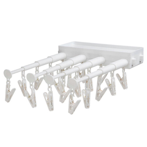 (White) Wall-mounted Retractable Folding Underwear Drying Rack, Dormitory Free Punching Clothespin - Pengj