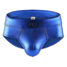 (M,blue)Men Underpants Glossy Faux Leather Low Waist Smooth Anti-septic Reflective Seamless U Convex Elastic Soft Breathable Club Performance Party