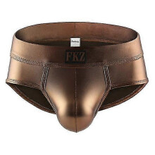(L,golden)Men Underpants Glossy Faux Leather Low Waist Smooth Anti-septic Reflective Seamless U Convex Elastic Soft Breathable Club Performance Party