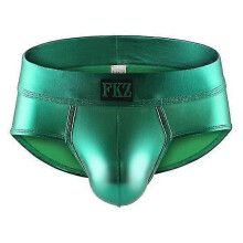 (S,green)Men Underpants Glossy Faux Leather Low Waist Smooth Anti-septic Reflective Seamless U Convex Elastic Soft Breathable Club Performance Party